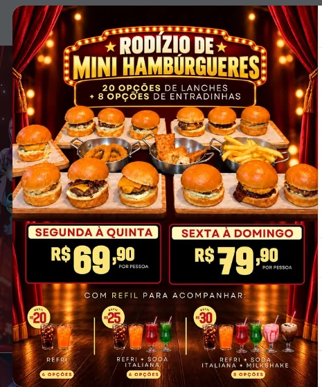 Mesa do rodízio com mini hambúrgueres, batata frita, onion rings e preços por dia da semana